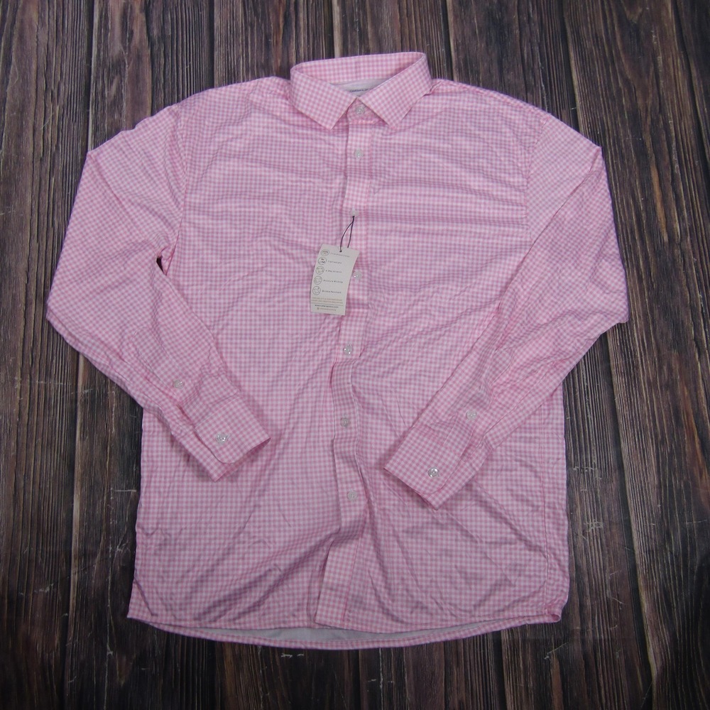 Men's Pink Check Dress Shirt - Classic Long Sleeve Polo